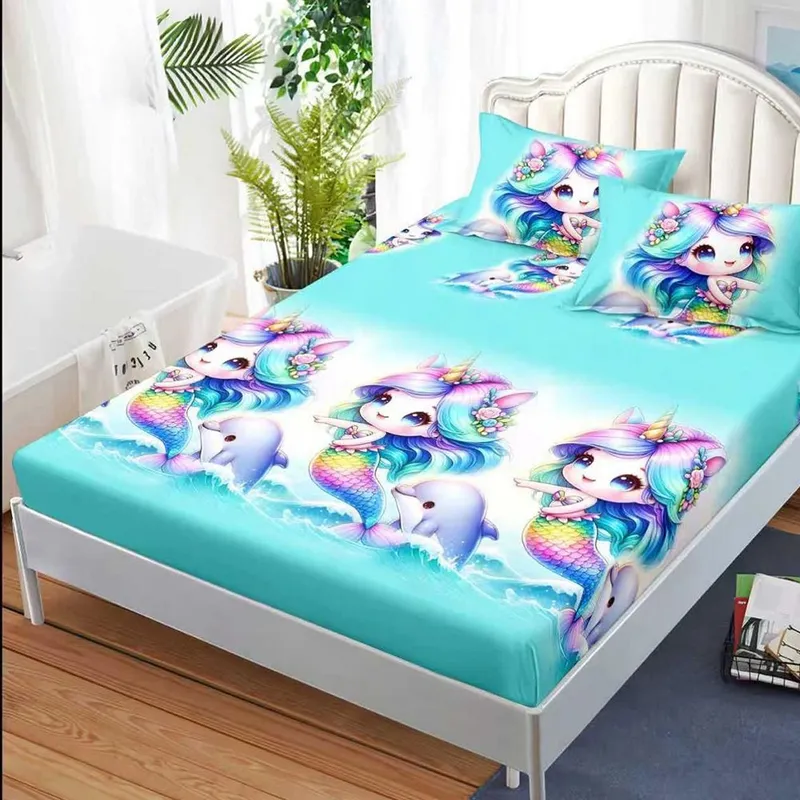 Cearceaf din Bumbac Satinat cu Elastic - 180x200 + 2 Fete Perna - Blue cu Sirene - CEFN_K006