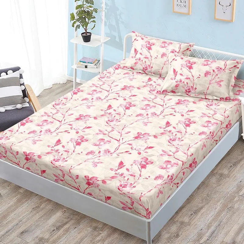 Cearceaf din Bumbac Satinat cu Elastic - 180x200 + 2 Fete Perna - Flori de Gradina Roz - CEFN_L105C