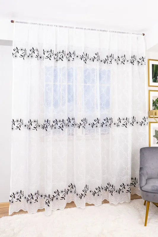  Set 2 Perdele din In Ghirlanda Flori Negru Regal 100x245cm cu Rejansa - PERD093C_100x245_ATL