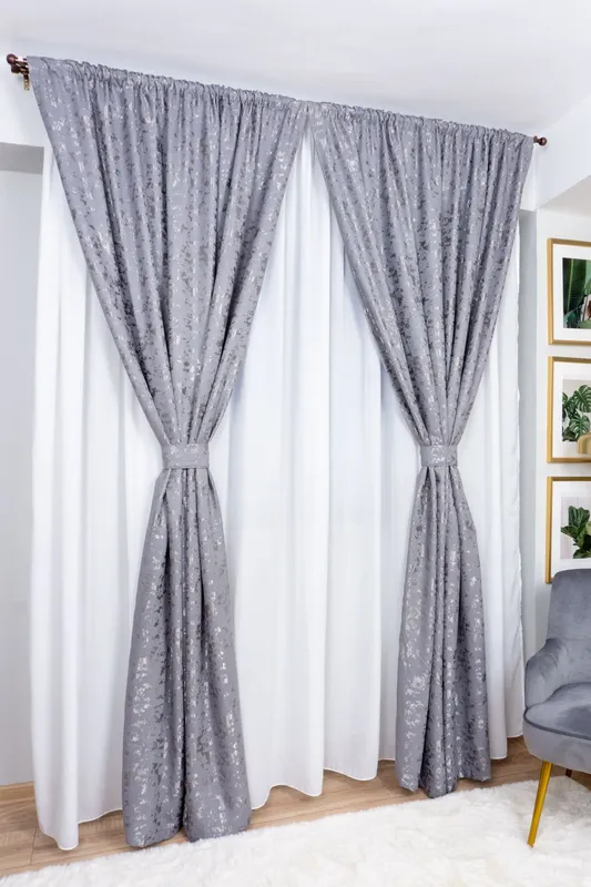 Set Kimberly - Draperie Gri Inchis Striat  si Perdea Matase Alba Nobila