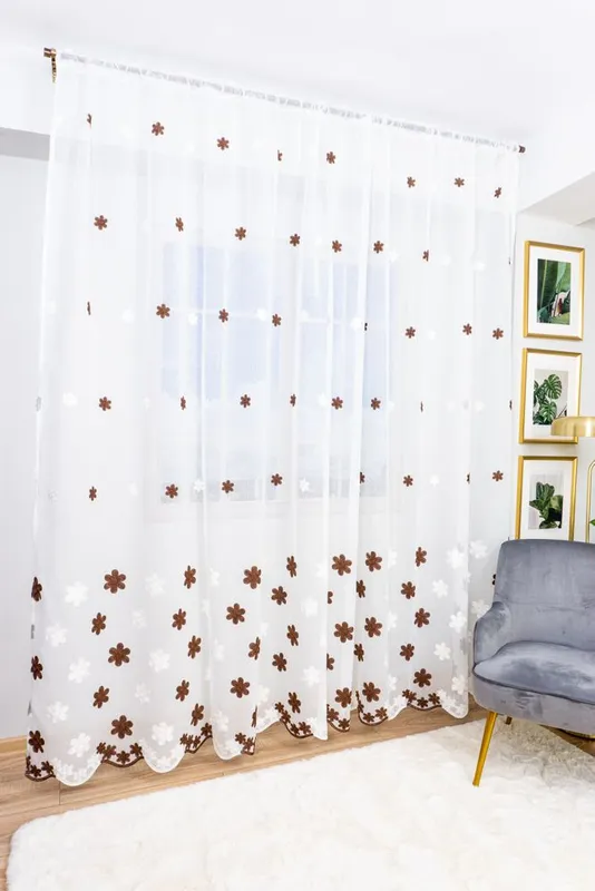 Set 2 Perdele Flori Maro cu Alb din In 150x245cm cu Rejansa  - PERD053_150x245_ATL