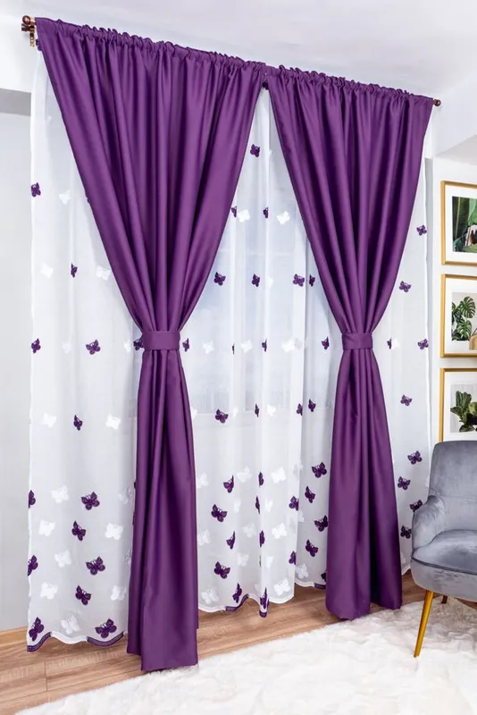 Set Violeta - Perdea din In cu Fluturasi Mov si Draperie Mov Royal