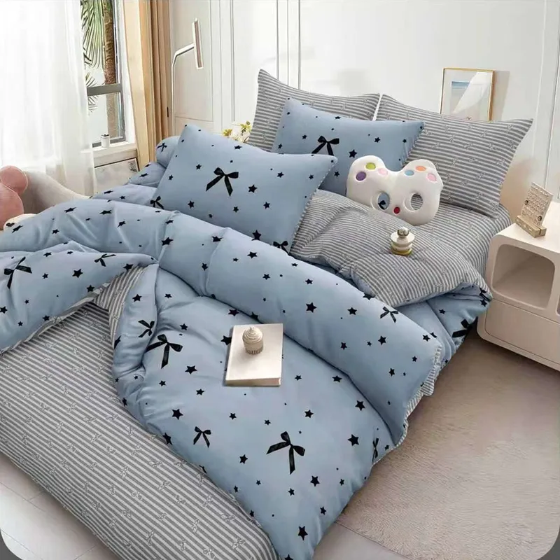Lenjerie Bumbac Satinat 4 Piese - Bleu cu Stelute - LBDP_H105