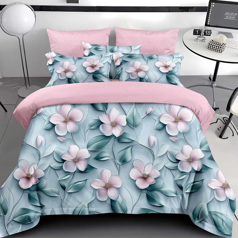 Lenjerie 6 Piese Bumbac Finet 5D - Magnolii Roz - LFDS_B060C