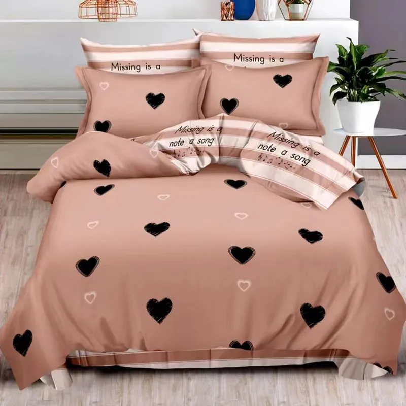 Lenjerie de Pat din Finet cu Elastic 6 Piese - 160/180x200 de Pucioasa - Cappuccino cu Inimioare - LFEN_D039