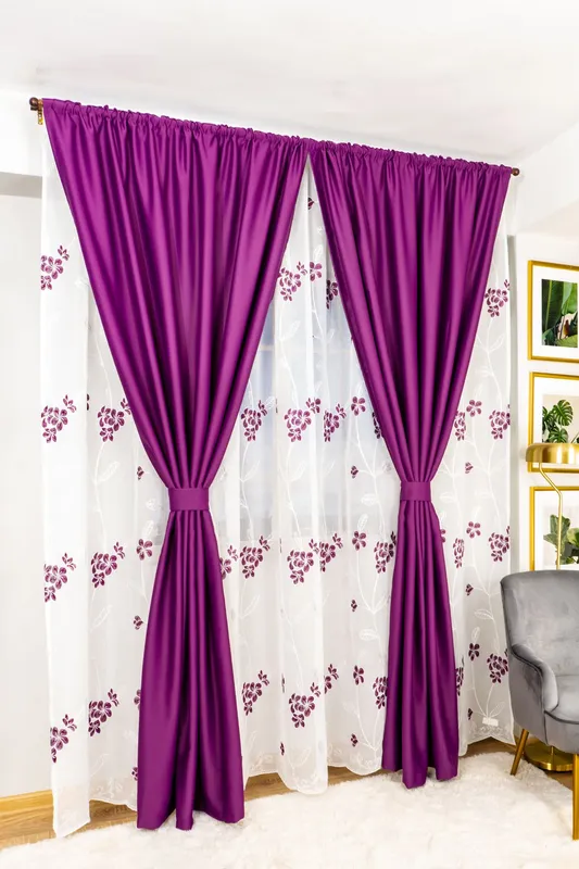 Set Hama - Perdea din In Poveste cu Flori Mov PERD063E_300X245_D2_11_ATL si Draperii Mov Royal BOTD013_100X245_C2_08_ATL cu Rejansa Set_ATL