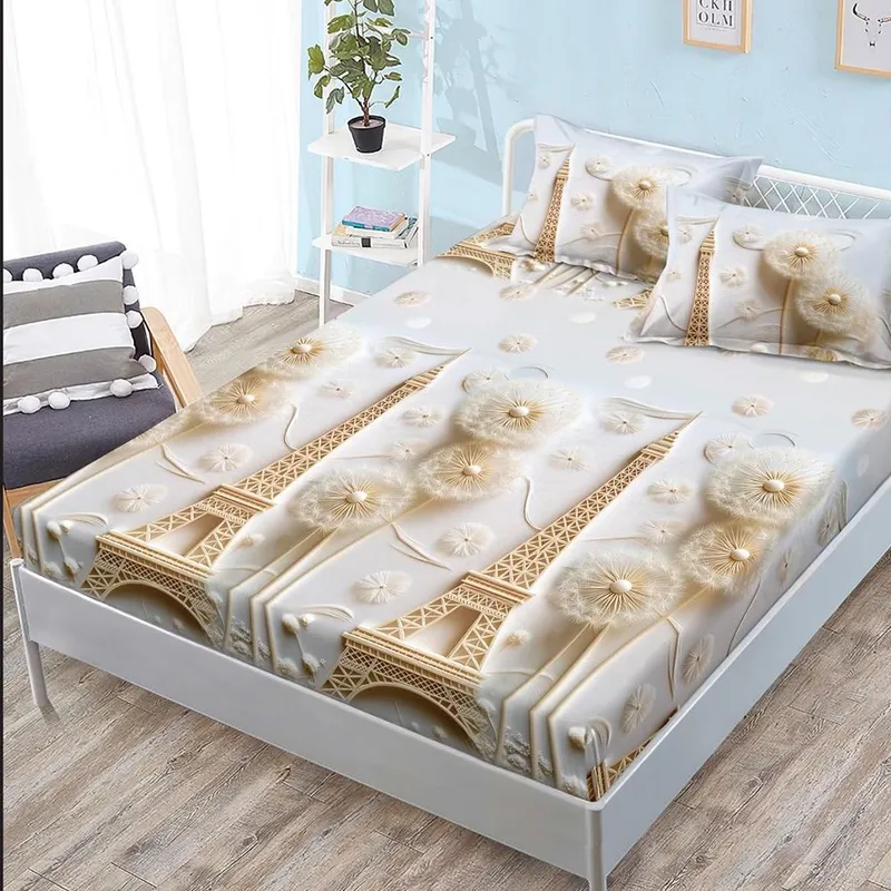 Cearceaf din Bumbac Satinat cu Elastic - 180x200 + 2 Fete Perna - Turnul Eiffel si Papadie - CEFN_K004