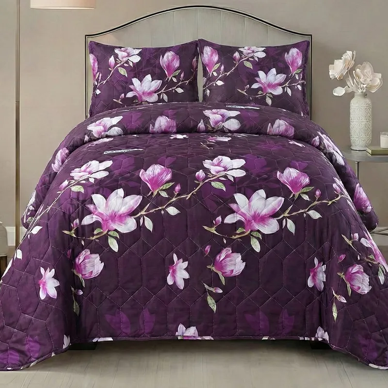 Set 3 Piese Cuvertura de Pat din Bumbac Satinat + 2 Fete de Perna 54x75 cm - Magnolii - CVBS_M134B