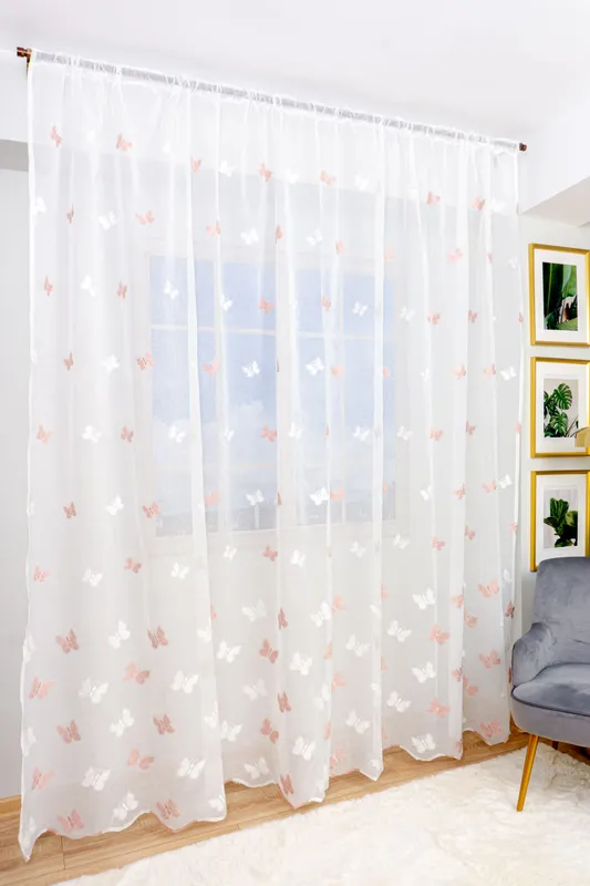 Set 2 Perdele din In cu Fluturi Roz 100x245cm cu Rejansa - PERD016B_100x245_ATL