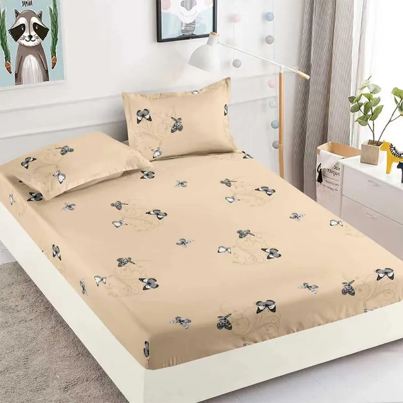 Cearceaf din Finet cu Elastic - 180x200 + 2 Fete Perna - Bej Zborul Fluturilor - CEFJ_L026B