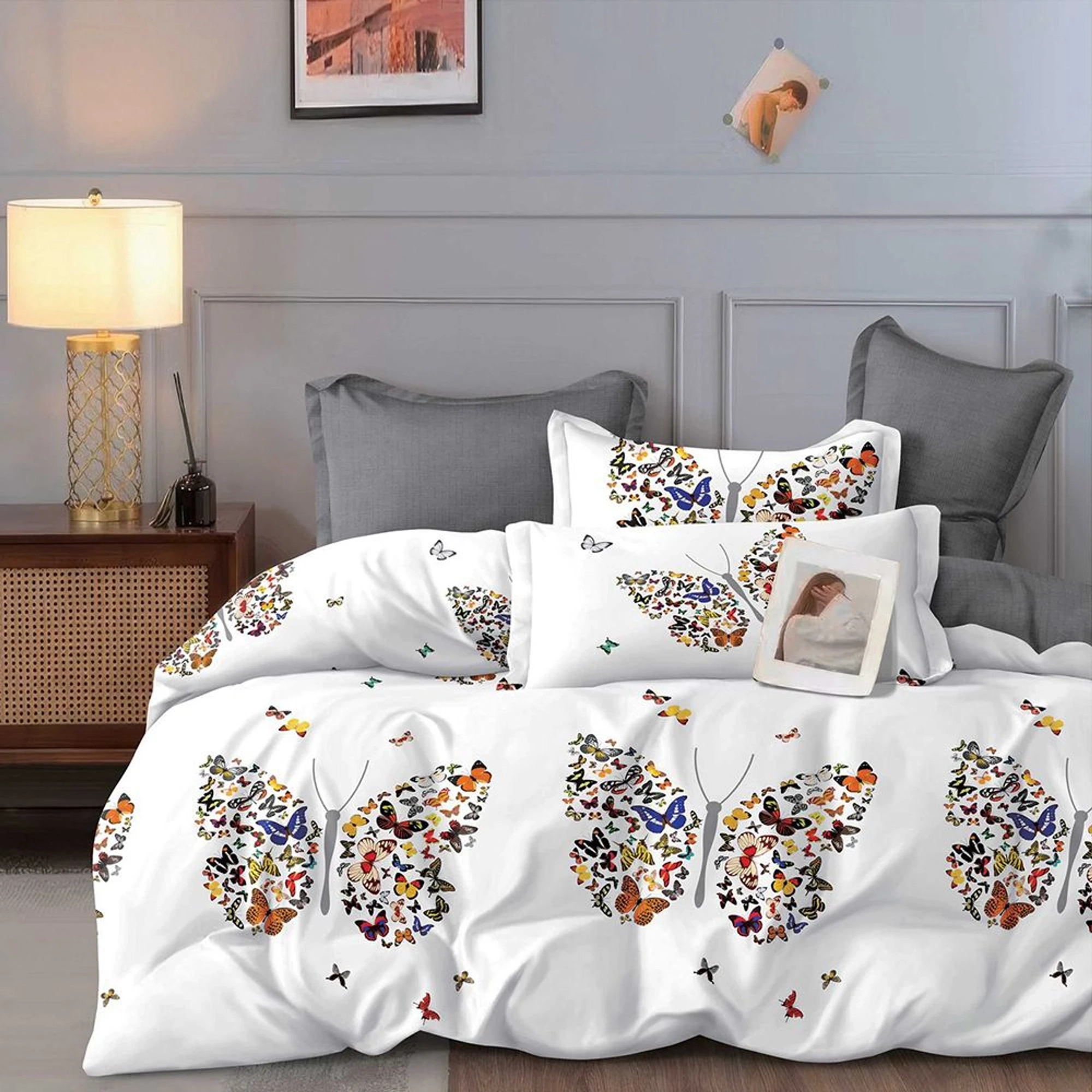 Lenjerie Finet 6 Piese - Alba cu Fluturi Multicolori - LFS_A144B