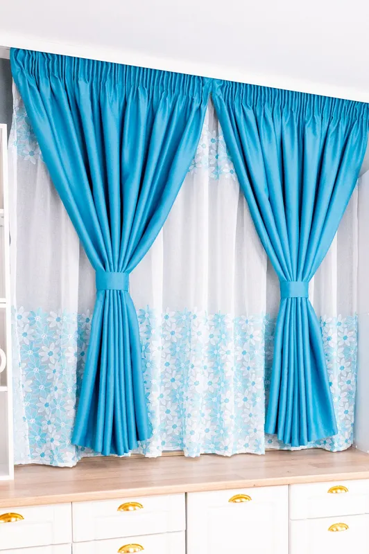 Set Bucatarie Sorana - Perdea de Bucatarie Zambet Turcoaz si Draperie Blackout Turcoaz Elegant