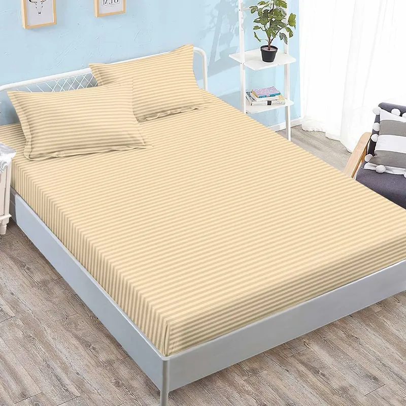 Cearceaf din Damasc Premium cu Elastic - 120/140x200 + 2 Fete Perna - Crem - CEDZ_K112
