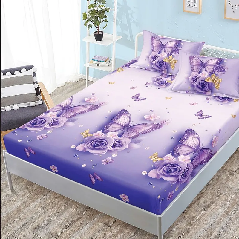 Cearceaf din Bumbac Satinat cu Elastic - 180x200 + 2 Fete Perna - Fluturi si Trandafiri Lila - CEFN_L102C