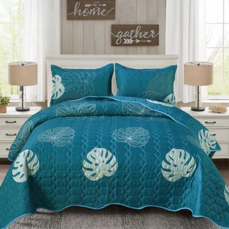Set 3 Piese Cuvertura de Pat din Bumbac Satinat + 2 Fete de Perna 54x75 cm - Frunze Tropicale - CVBS_M125B