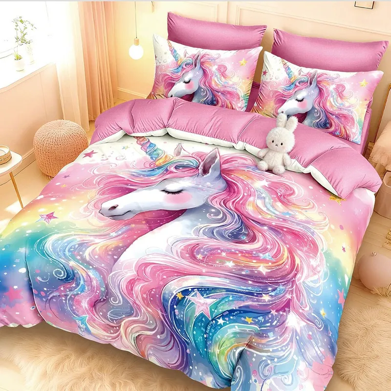 Lenjerie din Finet 3D/5D cu Cearceaf Elastic 160/180x200cm, 6 Piese - Roz Unicorni - LFDEN_A035D