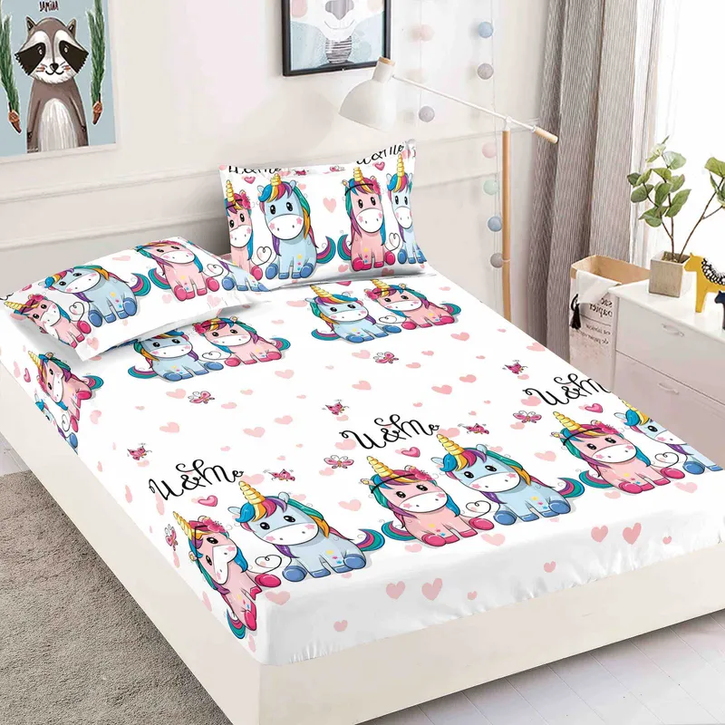 Cearceaf din Finet cu Elastic - 90x200 + 2 Fete Perna - Unicorni Colorati - CEFSGVJ_L036
