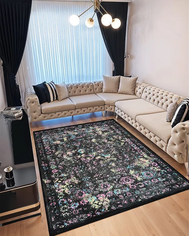 Covor pentru Dormitor 80x150 cm - Model Abstract Roz cu Galben - CVHD004_80x150_CVH