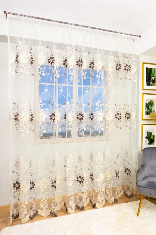 Set 2 Perdele Scurte din Tull - Floricele Cafenii 150x245cm cu Rejansa- PERD020_150x245_ATL