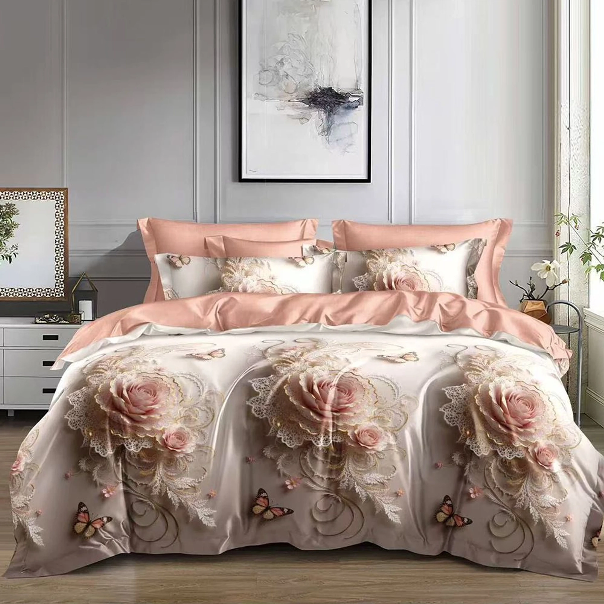 Lenjerie Bumbac Satinat cu Elastic 4 Piese - Vintage Rose Lace - LBDEM_G044C