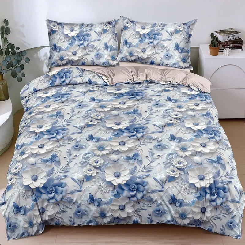 Lenjerie Bumbac Satinat 4 Piese - Flori Bleu - LBDP_G076C