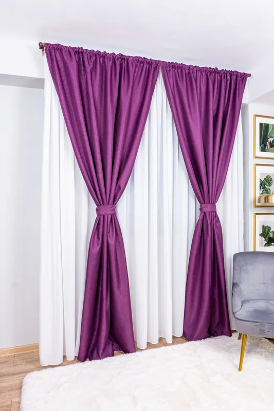 Set Evia - Perdea Alba Voal  PERD007_300x245_ATL_EMG si Draperii Premium Blackout - Mov Royal - DRPS005D_150x245_ATL_EMG cu Rejansa Set_EMG