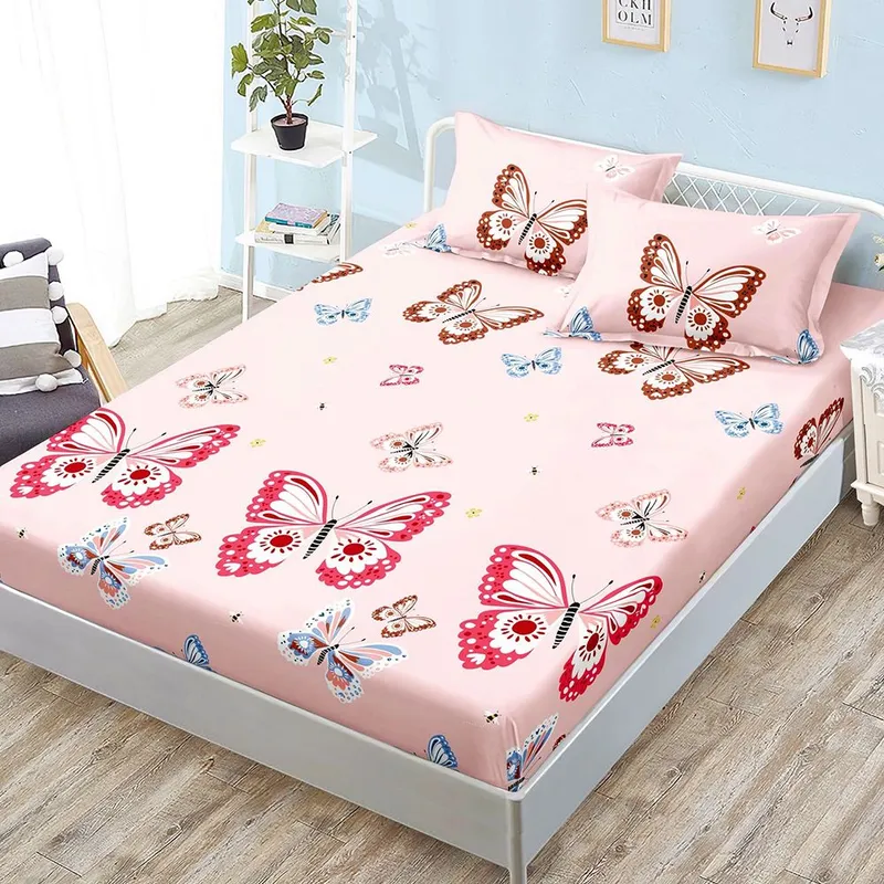 Cearceaf din Bumbac Satinat cu Elastic - 160x200 + 2 Fete Perna - Roz cu Fluturi - CEFN_K012C