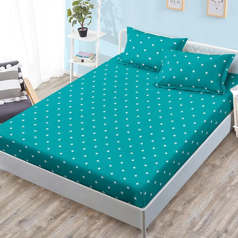 Cearceaf din Finet cu Elastic - 160/180x200 + 2 Fete Perna - Turcoaz cu Stelute - CEFN_K026C