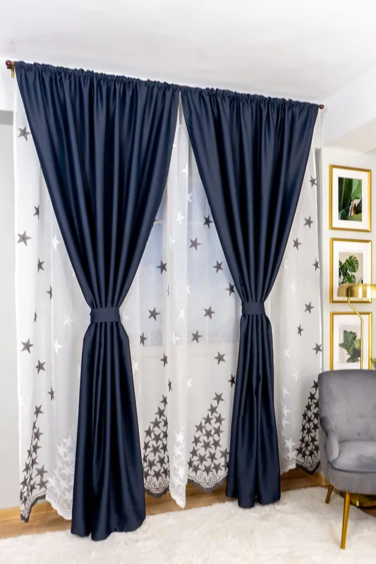 Set Guadalajara - Perdea din In cu Stelute Gri Plumb PERD0143_300X245_D3_08_ATL si Draperii Blackout Gri Plumb Inchis - BOTD048_100X245_C3_08_ATL cu Rejansa Set_ATL