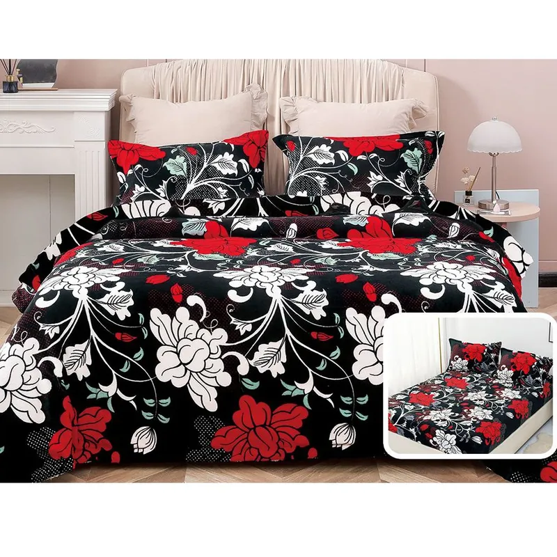 Lenjerie Cocolino cu Elastic 4 Piese - Neagra cu Flori Mari Rosu - CBE4M_R090B