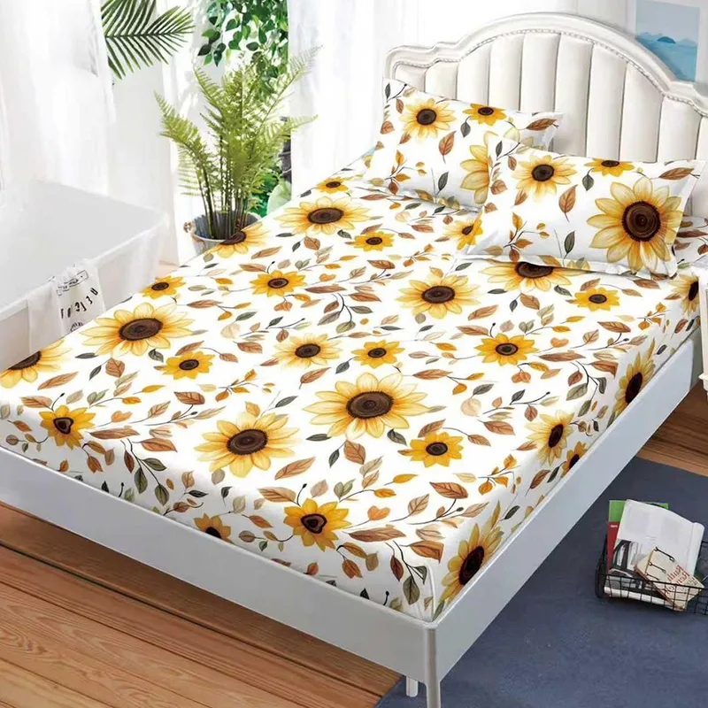 Cearceaf din Bumbac Satinat cu Elastic - 180x200 + 2 Fete Perna - Floarea Soarelui - CEFN_K010B