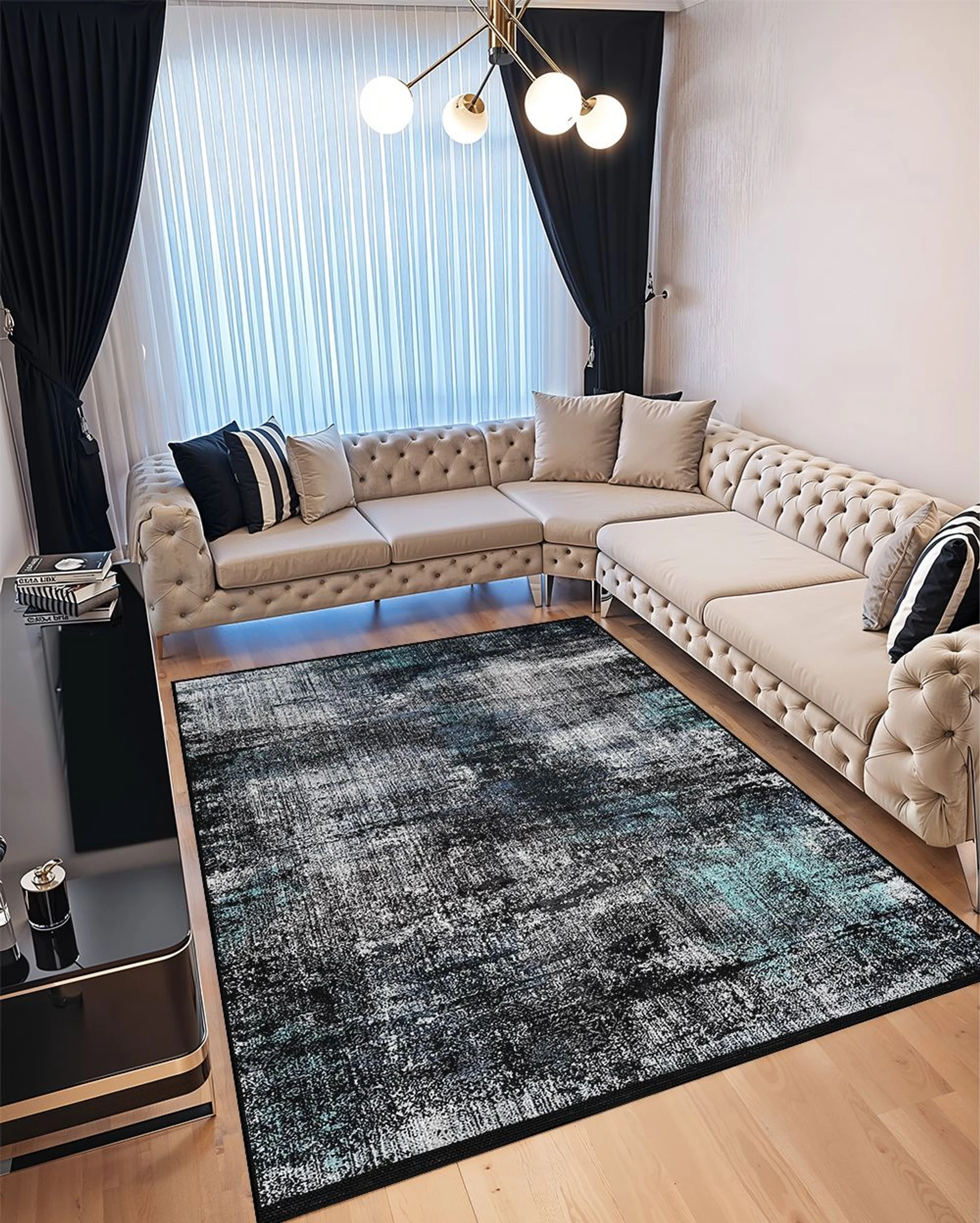 Covor pentru Dormitor 80x150 cm - Model Abstract Negru cu Turcoaz - CVHD007_80x150_CVH
