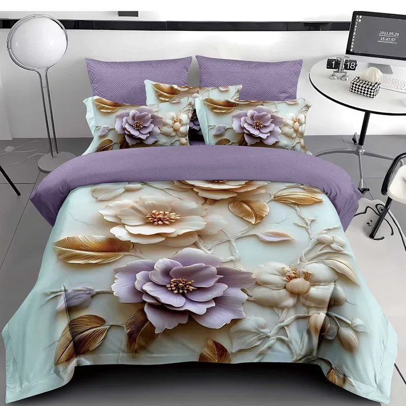 Lenjerie 6 Piese Bumbac Finet 5D - Flori Mari Mov și Bej - LFDS_B072C