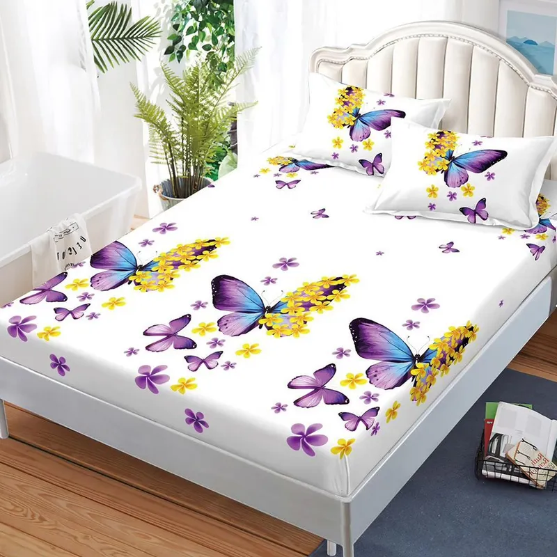 Cearceaf din Bumbac Satinat cu Elastic - 180x200 + 2 Fete Perna - Fluturi Mov - CEFN_L114