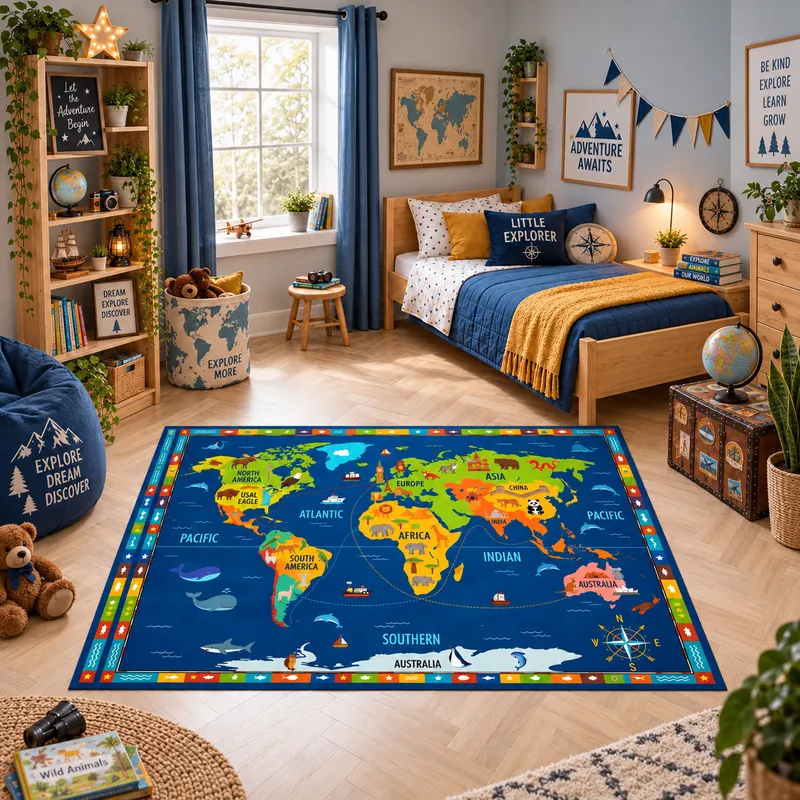 Covor Copii Micul Explorator, Albastru - Verde, 120x180 cm, Polipropilena - U033