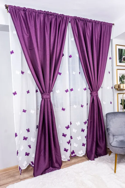 Set Bella - Perdea din In cu Fluturasi Mov PERD057A 300x245cm si Draperii Premium Blackout - Mov Royal - DRPS005D 2x150x245cm cu Rejansa Set_EMG