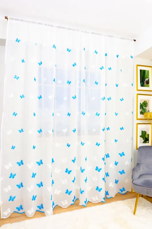 Perdea din In cu Fluturasi Albastri 100x245cm cu Rejansa - PERD010B_100x245_ATL