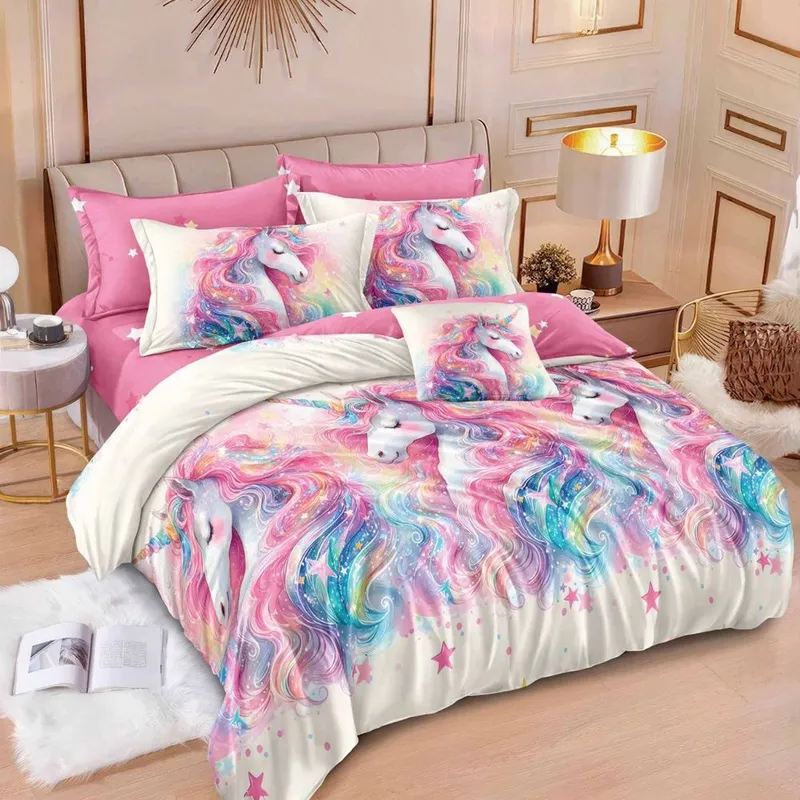 Lenjerie de Pat din Finet cu Elastic 6 Piese - 160/180x200 de Pucioasa - Unicorni Magici - LFEN_D035B