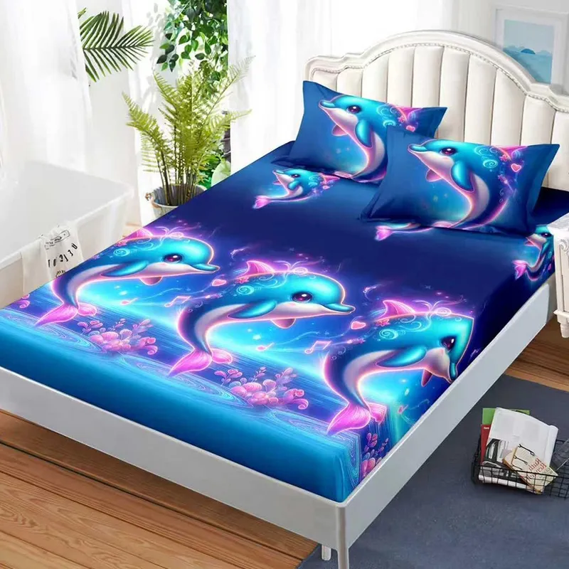 Cearceaf din Bumbac Satinat cu Elastic - 180x200 + 2 Fete Perna - Delfini Magici - CEFN_L103B