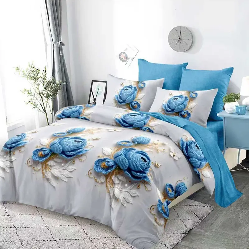 Lenjerie din Finet 3D/5D cu Cearceaf Elastic 160/180x200cm, 6 Piese - Flori Turcoaz Crosetate - LFDEM_D153B