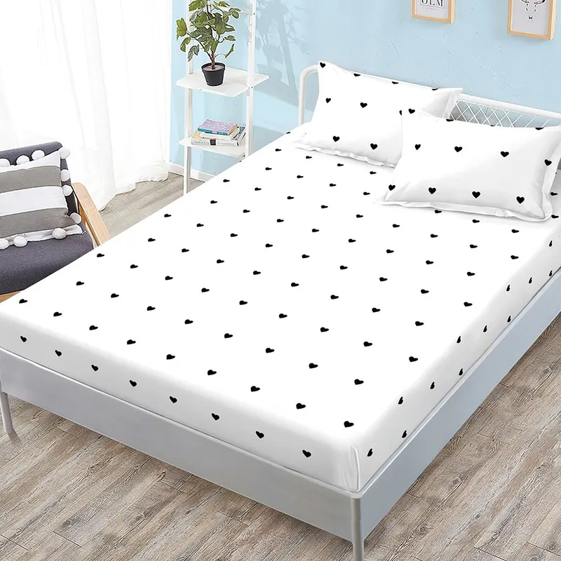 Cearceaf din Bumbac Satinat cu Elastic - 180x200 + 2 Fete Perna - Bulinute Negre - CEFN_L097B
