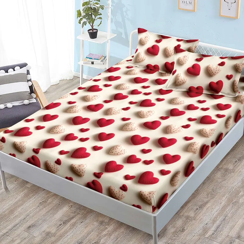 Cearceaf din Bumbac Satinat cu Elastic - 180x200 + 2 Fete Perna - Inimioare Catifelate - CEFN_K013