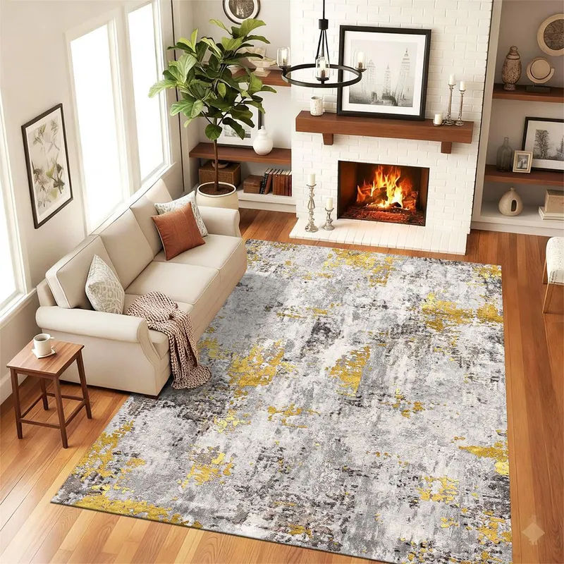 Covor Antiderapant pentru Dormitor 120x180 cm - Abstract Gri cu Auriu - CVHD104_120x180_CVH