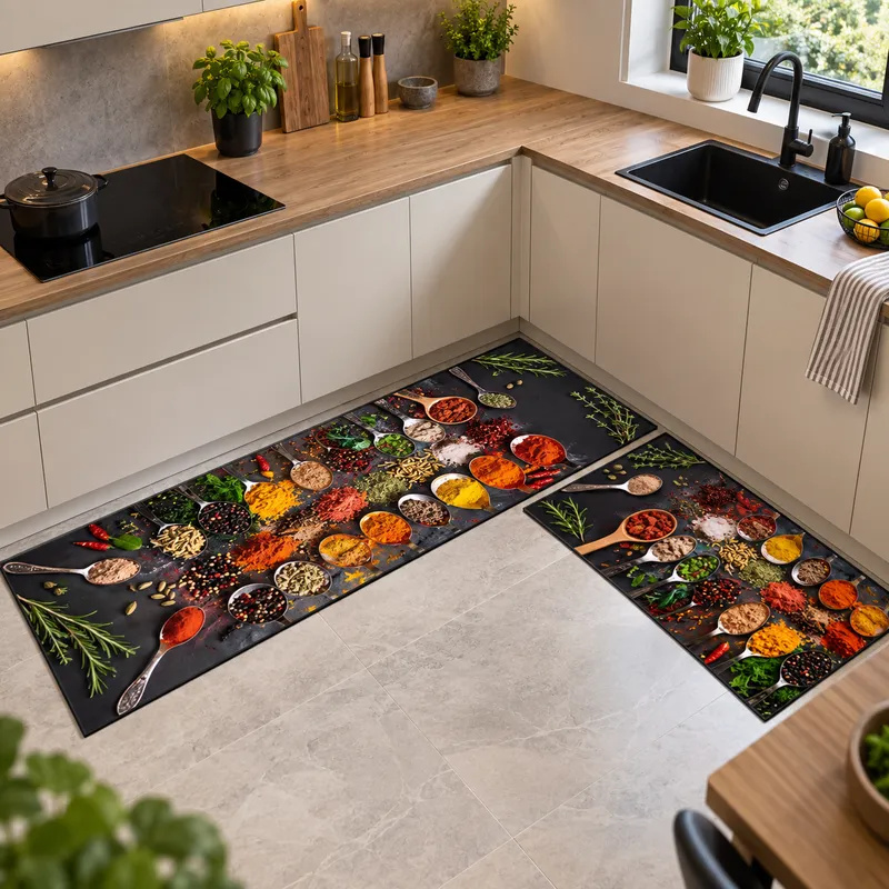 Set 2 Covoare Bucatarie Condimente Culinare, 50x80 cm si 50x160 cm, Negru - Portocaliu, Polipropilena, Antiderapant - U066