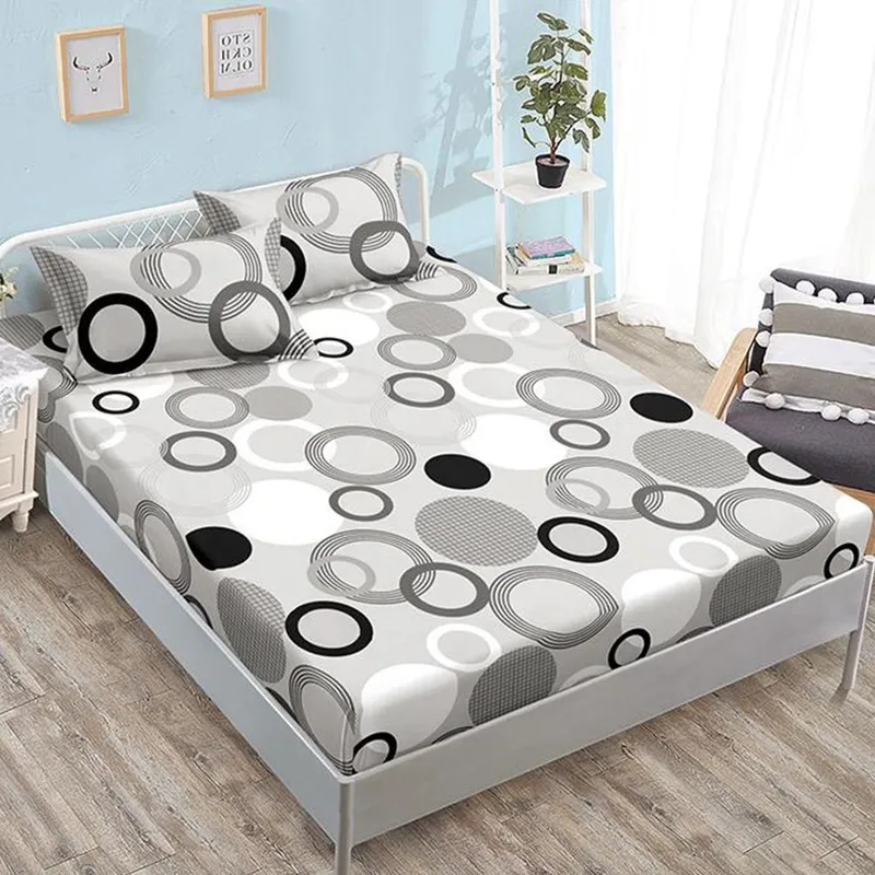 Cearceaf din Finet cu Elastic - 160/180x200 + 2 Fete Perna - Gri cu Cercuri - CEFN_L004A