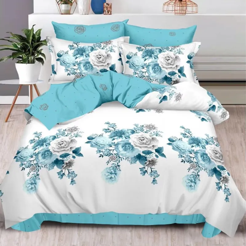 Lenjerie de Pat din Finet cu Elastic 6 Piese - 160/180x200 de Pucioasa - Trandafiri Bleu - LFEN_D030B