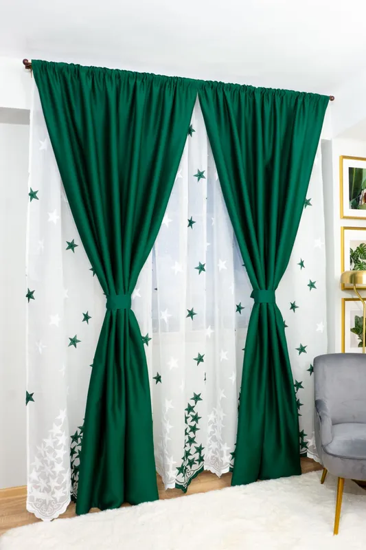 Set Ophelia - Perdea din In cu Stelute Verde Intens si Draperie Blackout Verde Smarald