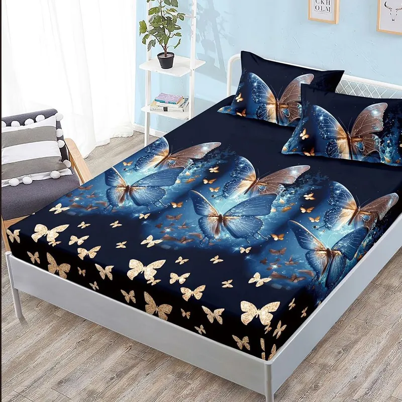 Cearceaf din Bumbac Satinat cu Elastic - 180x200 + 2 Fete Perna - Fluturi Ambastri si Aurii - CEFN_K009B