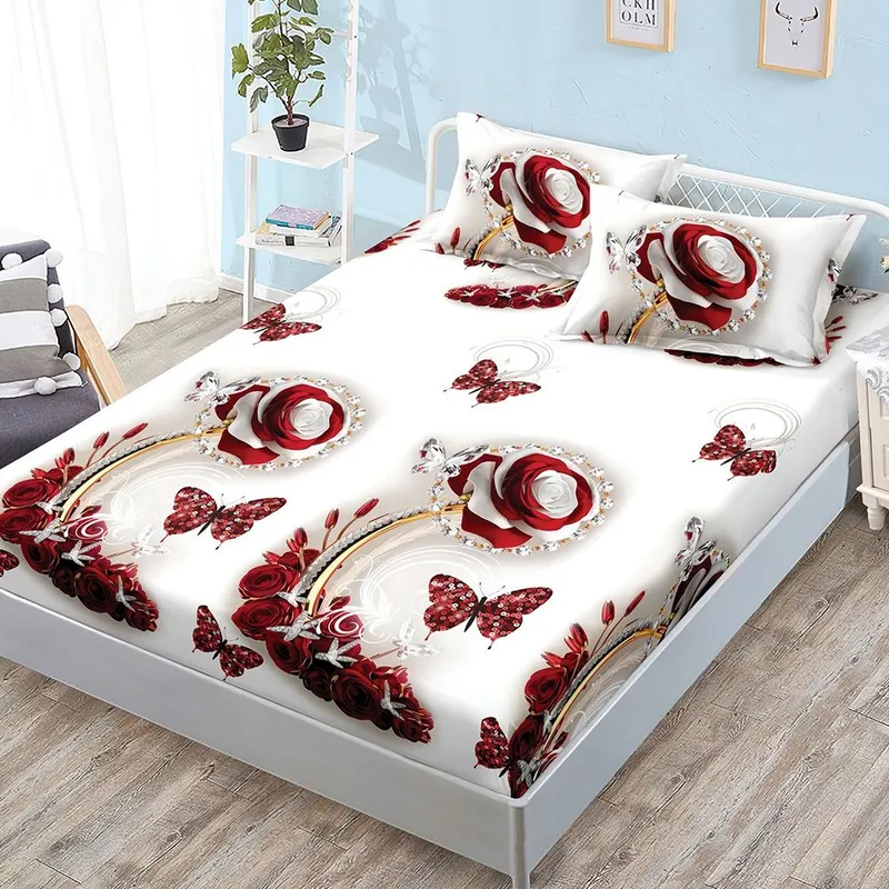 Cearceaf din Bumbac Satinat cu Elastic - 160x200 + 2 Fete Perna - Trandafiri Diamond - CEFN_K011C