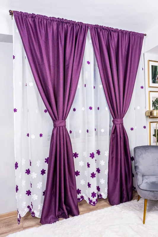 Set Silvana - Perdea din In cu Floricele Mov PERD090A_300x245_D2_09_ATL si Draperii Premium Blackout - Mov Royal - DRPS005D_100x245_A3_08_ATL cu Rejansa Set_ATL